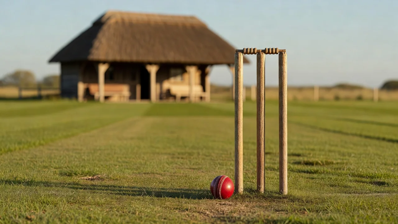 Wooden cricket stumps and a red ball on a village green