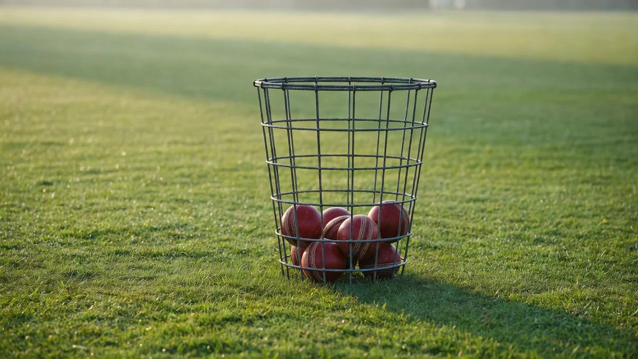 Cricket balls in a practice basket on the outfield grass