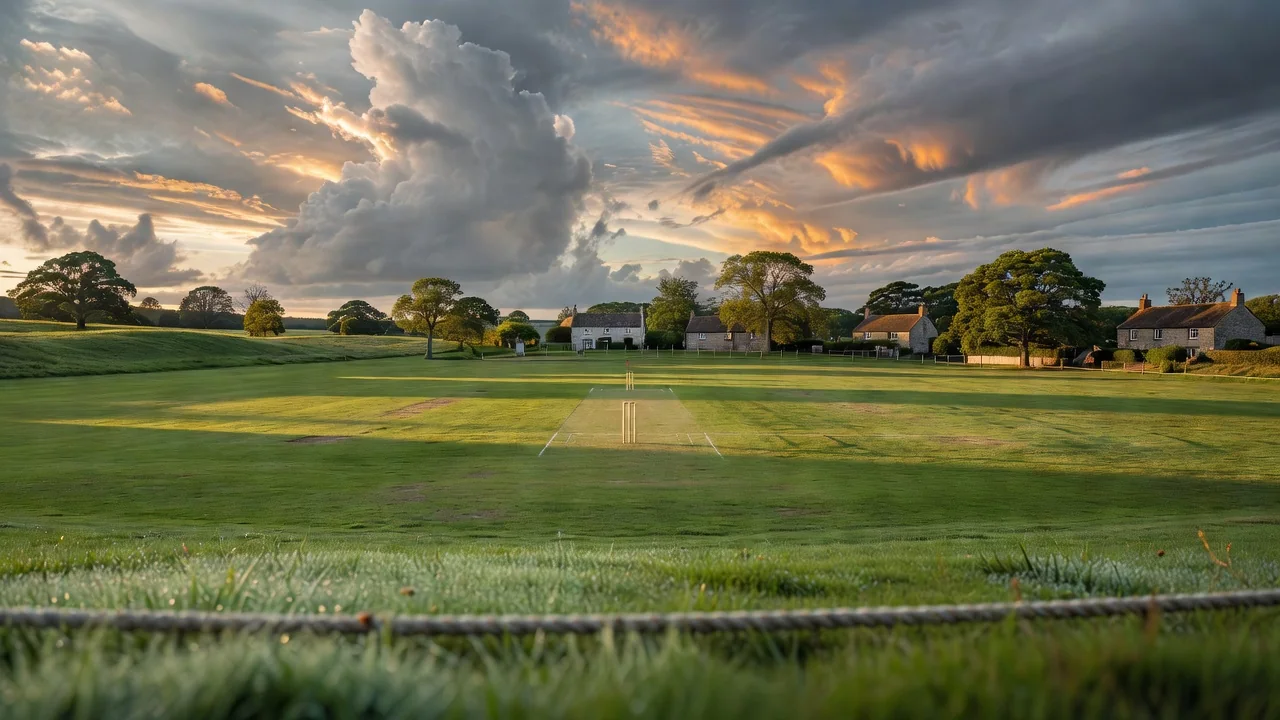 A cricket field under a wide sky, seen from the boundary