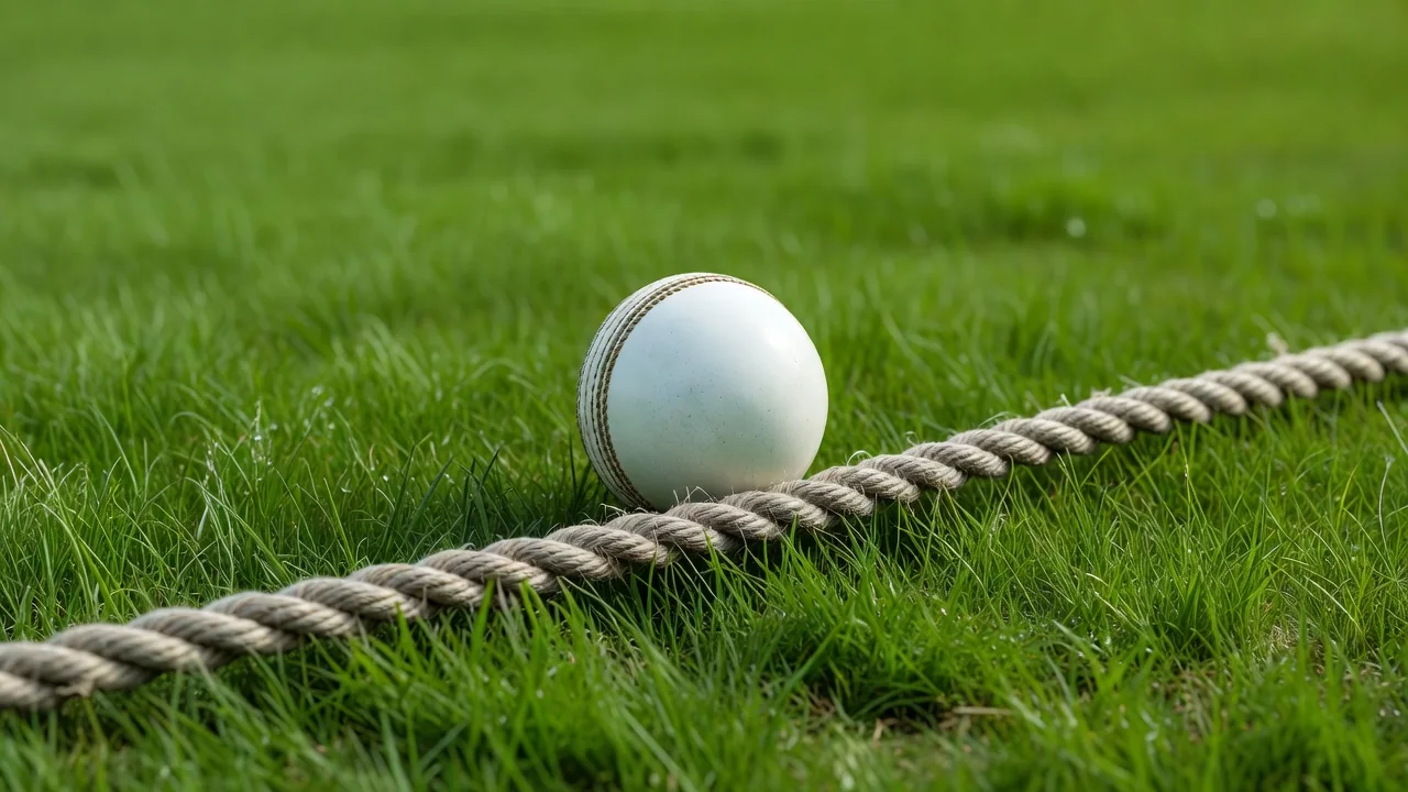 A white cricket ball touching the boundary rope on green grass