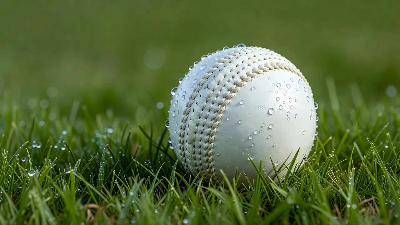 Macro shot of a white cricket ball seam on green grass