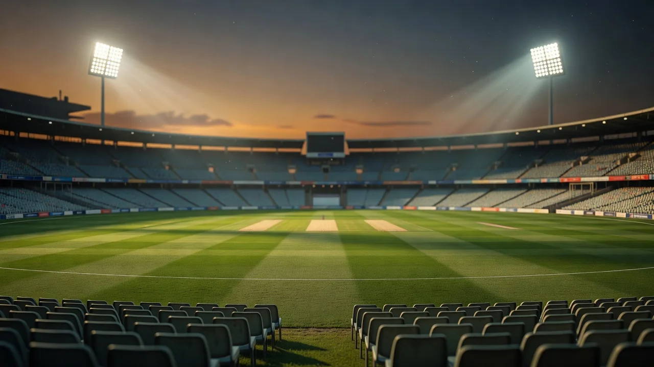 Empty cricket stadium stands and field at dusk with floodlights on
