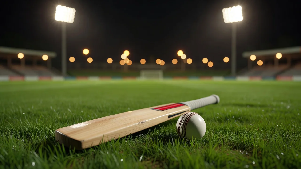 A cricket helmet and a red ball resting on green grass