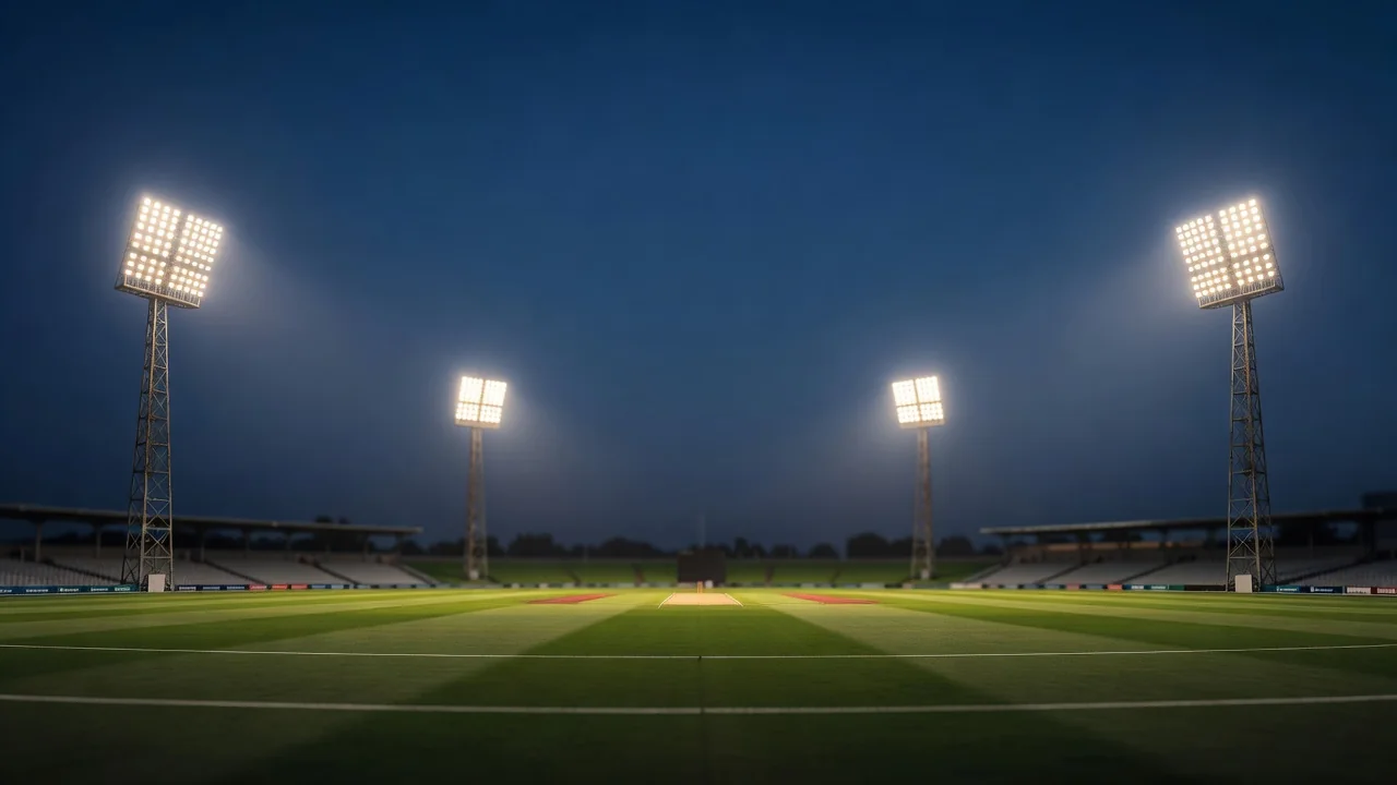 Floodlight towers glowing over an empty cricket field at dusk