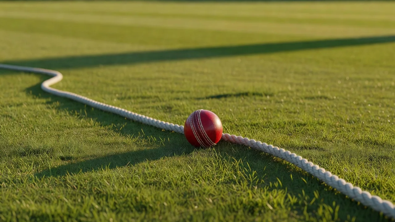 A red cricket ball near the white boundary rope on the outfield