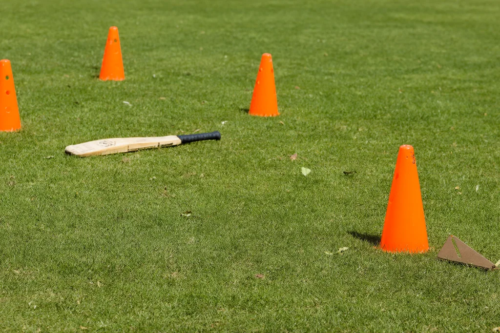 Training cones and a bat on the outfield grass in daylight