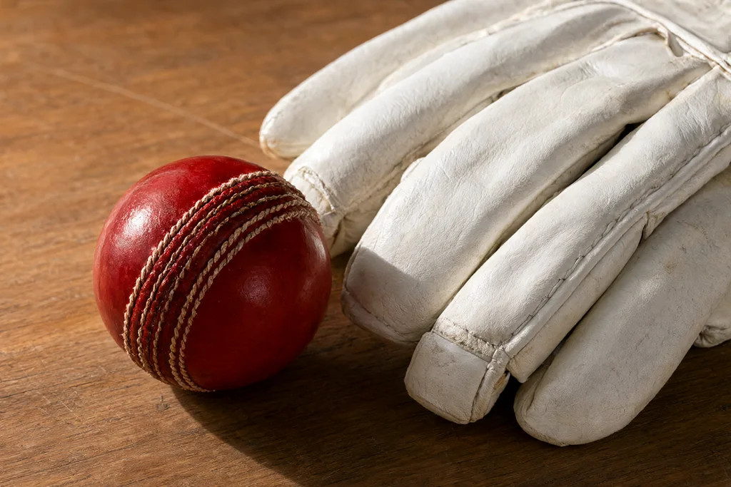 A cricket ball and batting gloves on a wooden desk in warm light