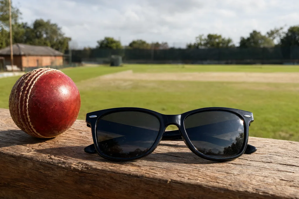 A cricket ball and sunglasses on a wooden bench