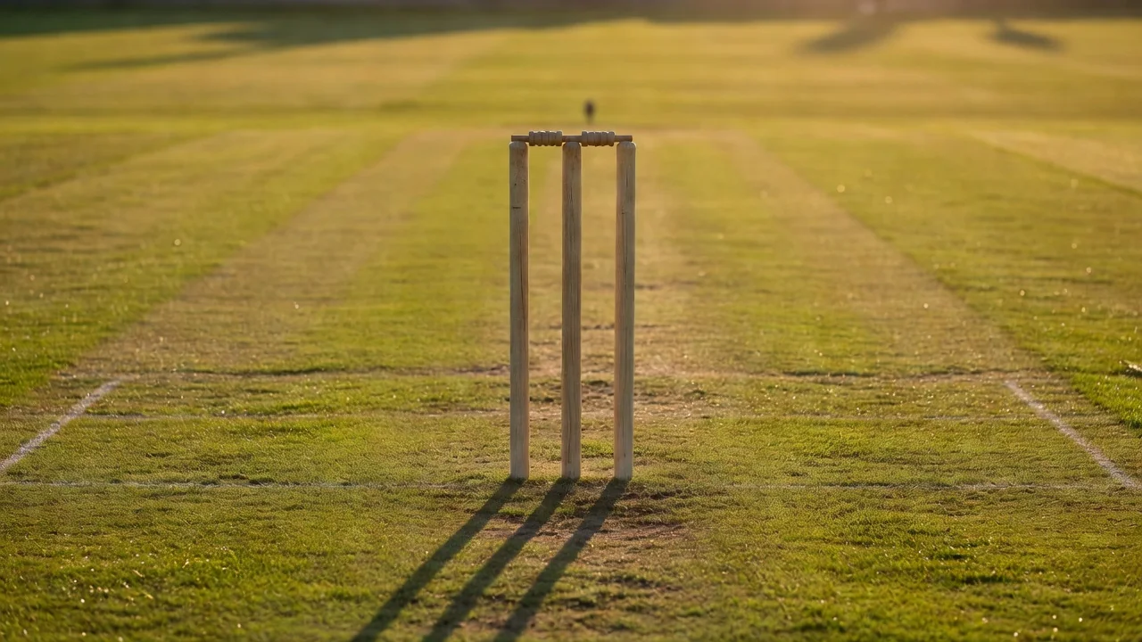 Cricket pitch analysis during a match with players in the background