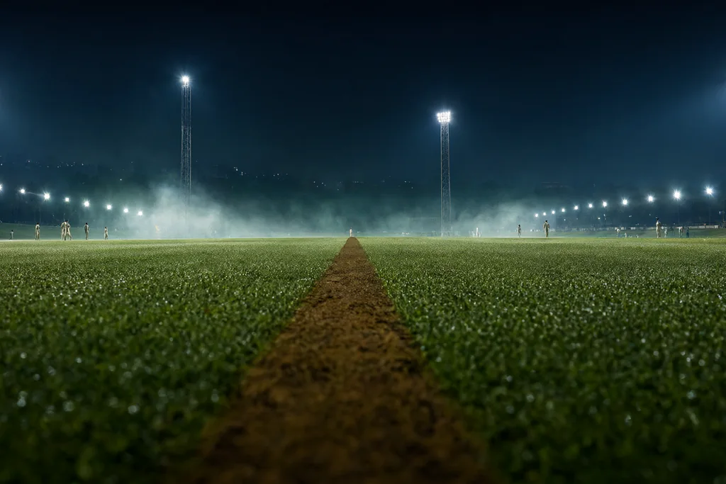 A green cricket pitch under floodlights with dew on the grass