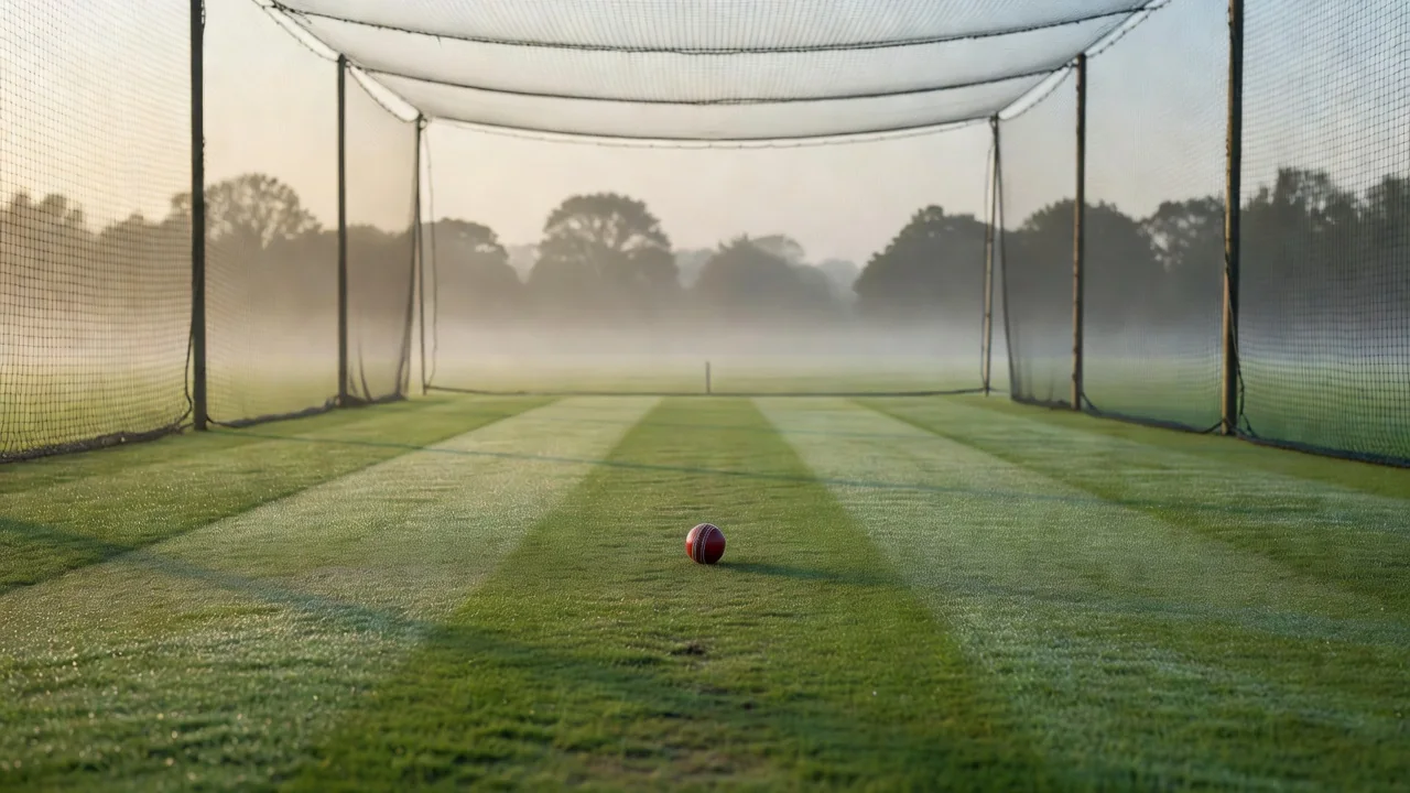 A practice cricket net on a turf ground in morning haze