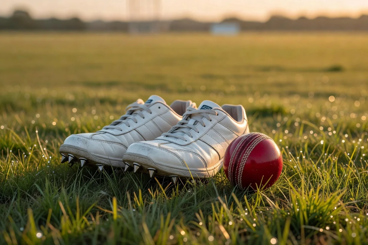 Cricket spikes and a red ball on grass at sunrise