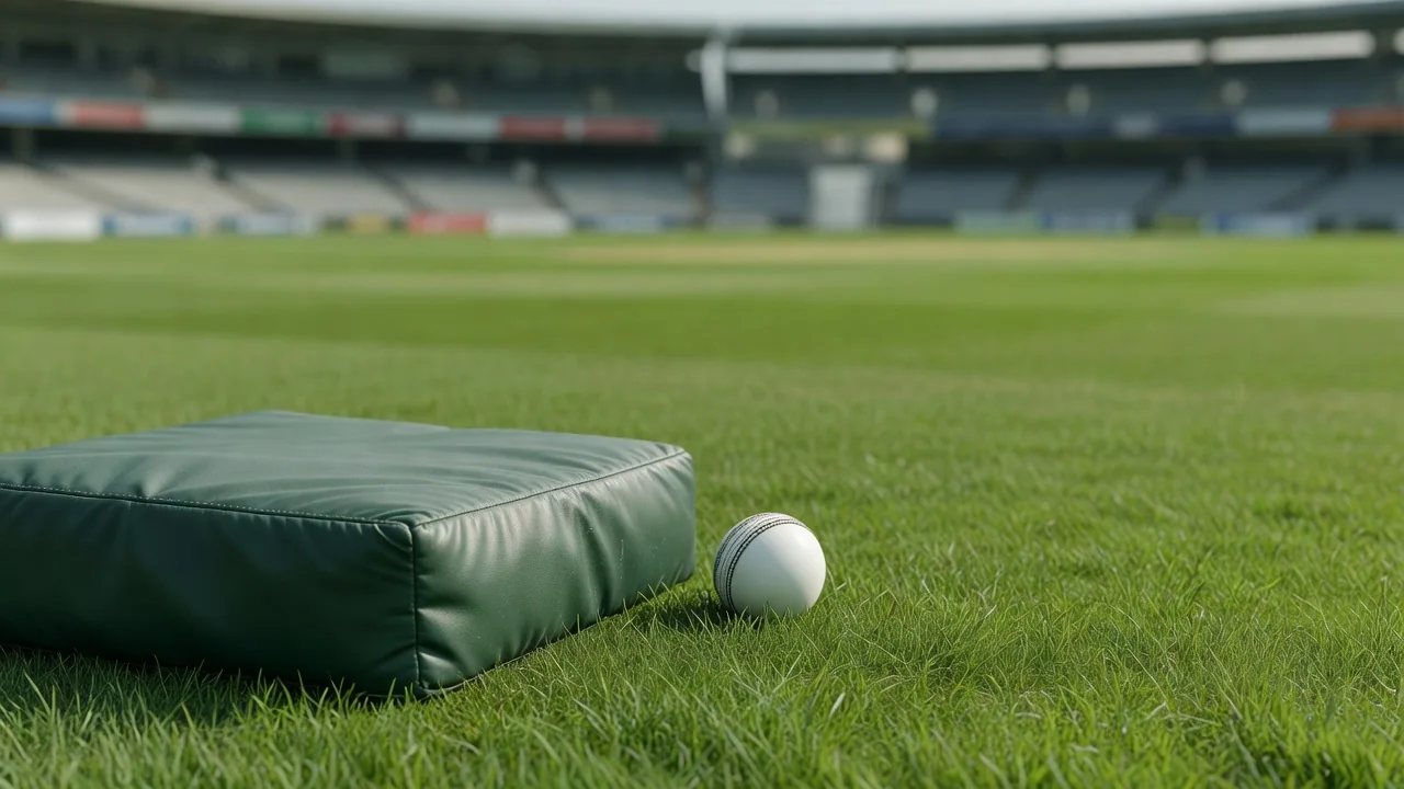 A padded boundary cushion and a white ball on the outfield