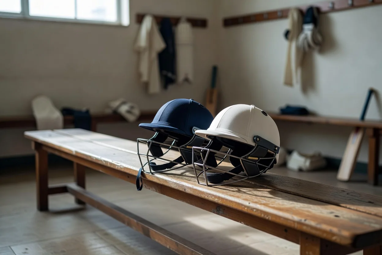 Two cricket helmets on a wooden bench in soft window light