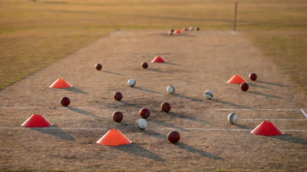 Training cones and cricket balls on a practice pitch in late sun