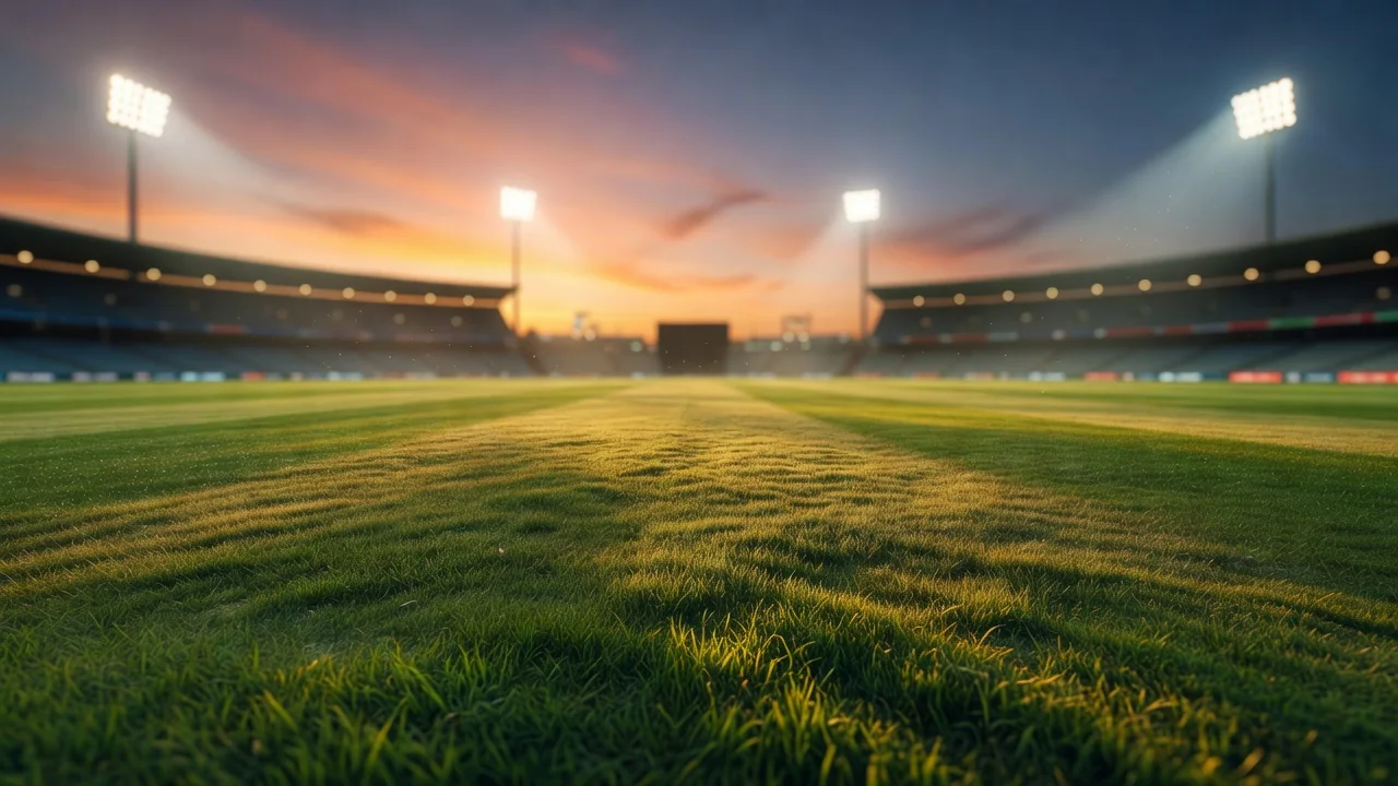 Cricket stadium outfield under a warm summer evening sky