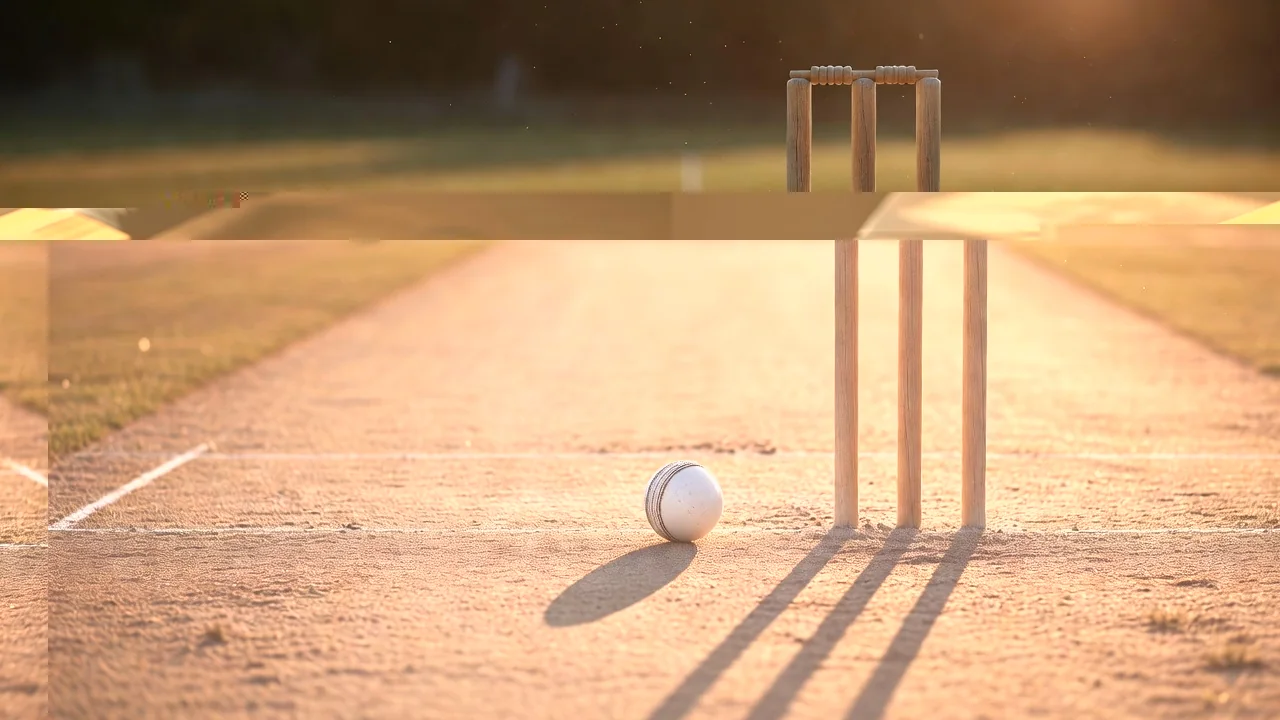 White cricket ball on the pitch next to the stumps