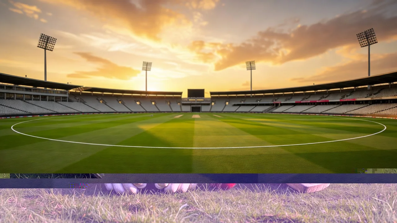 Cricket batting pads, gloves and bat on the grass
