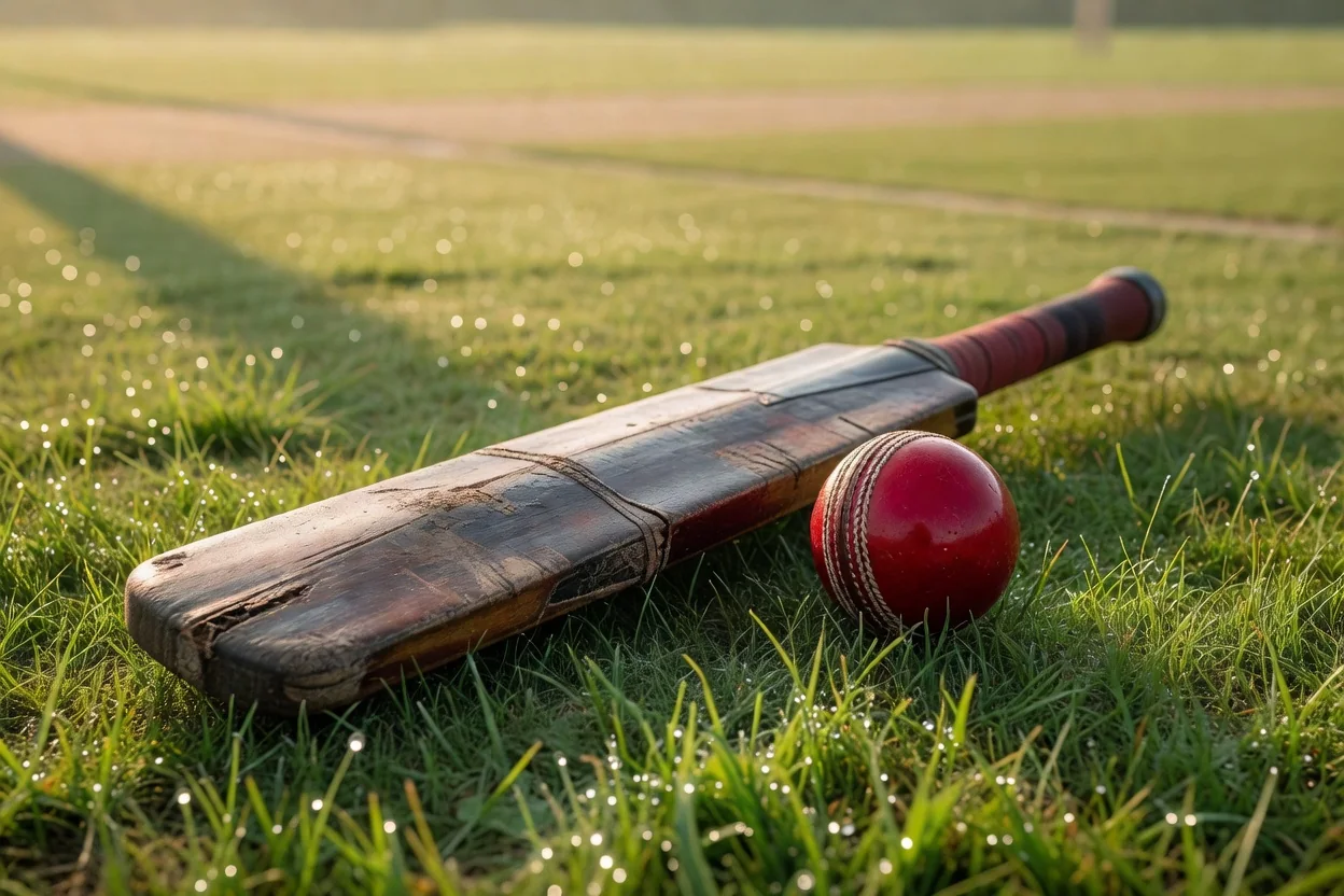 Cricket bat and red ball lying on a grass pitch