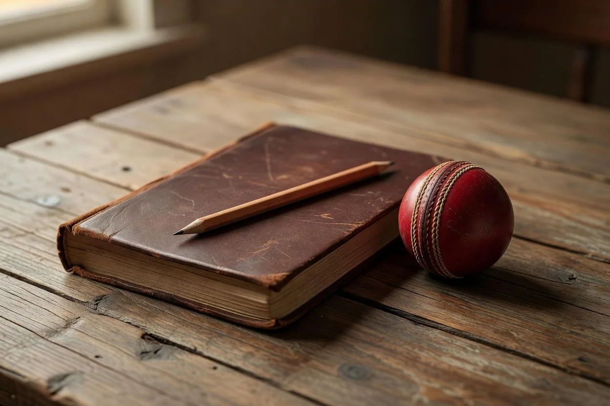 Cricket scorebook with a pencil and a red ball
