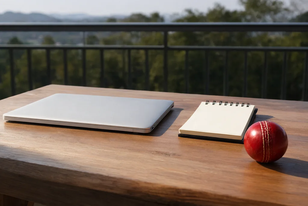 A tidy desk with a closed laptop, a blank notepad and a cricket ball
