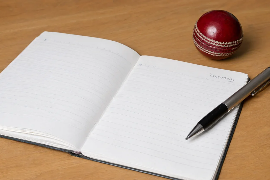 A notepad and pen beside a red cricket ball on a wooden desk