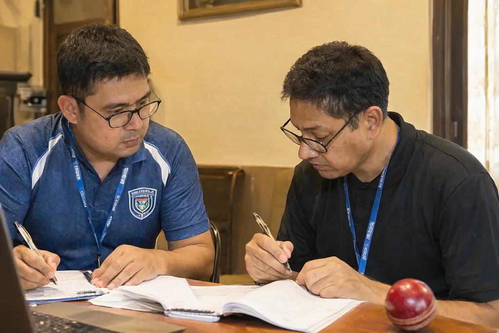 Cricket analysts at a table with a closed laptop and a cricket ball