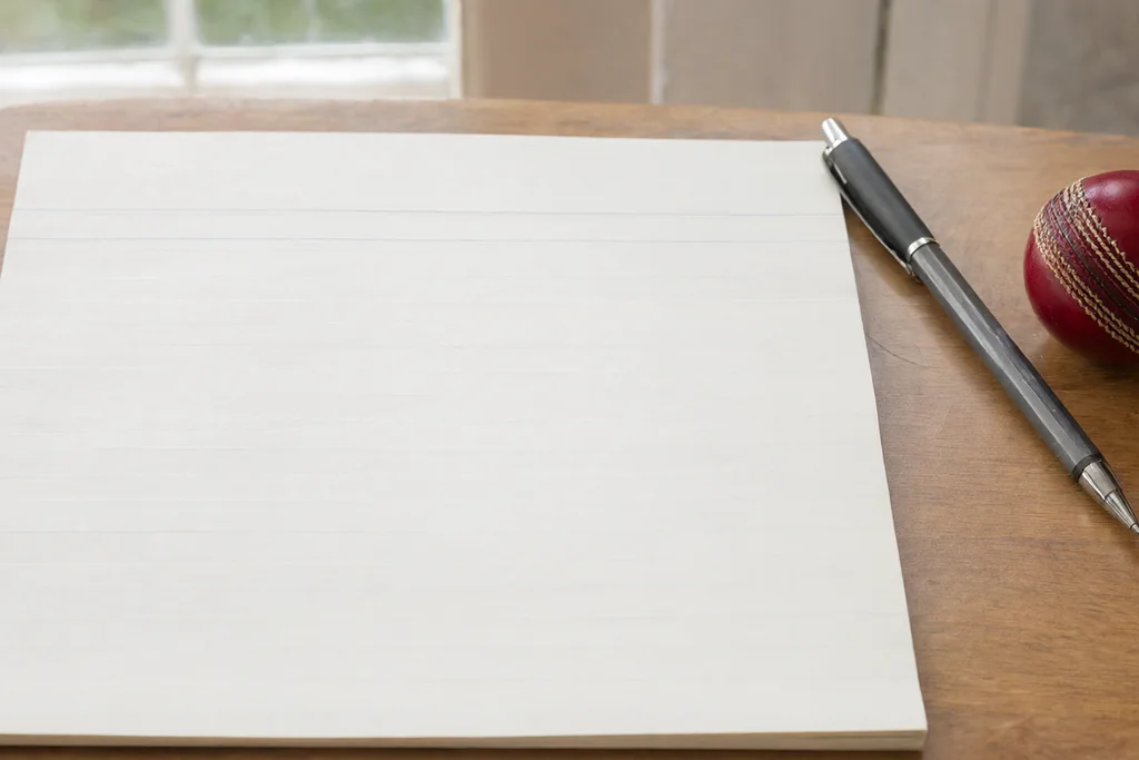 A blank notepad and pen beside a cricket ball on a wooden table