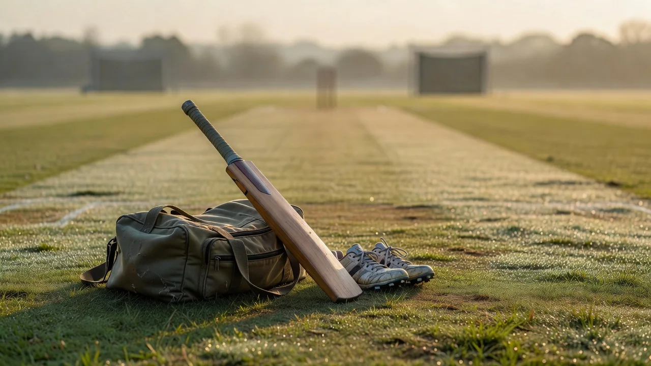 Cricket kit bag, bat and spikes on a training pitch