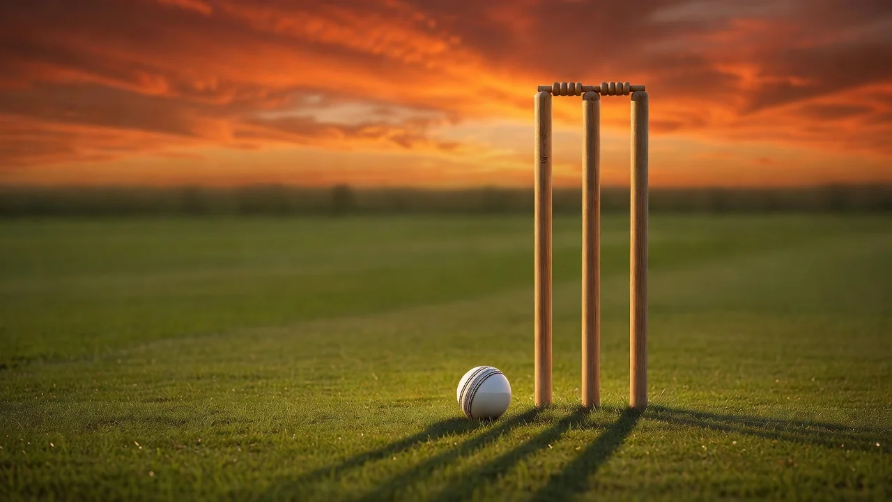 White cricket ball and stumps in warm evening light