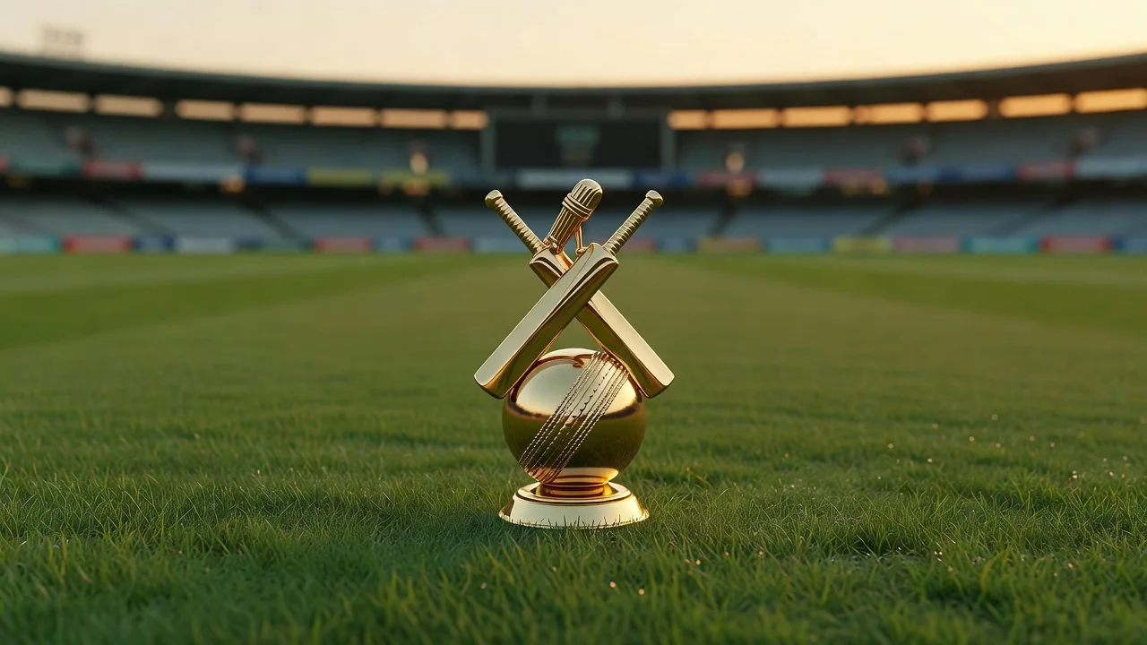 Golden cricket trophy standing on a green outfield